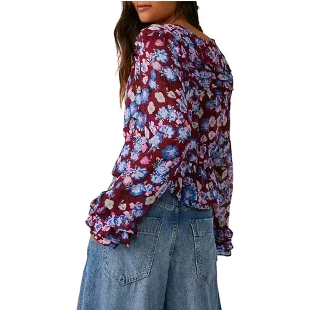 Free People Maybel Floral Print Tie Front Peplum Blouse Long Sleeve Ruffle Cuffs